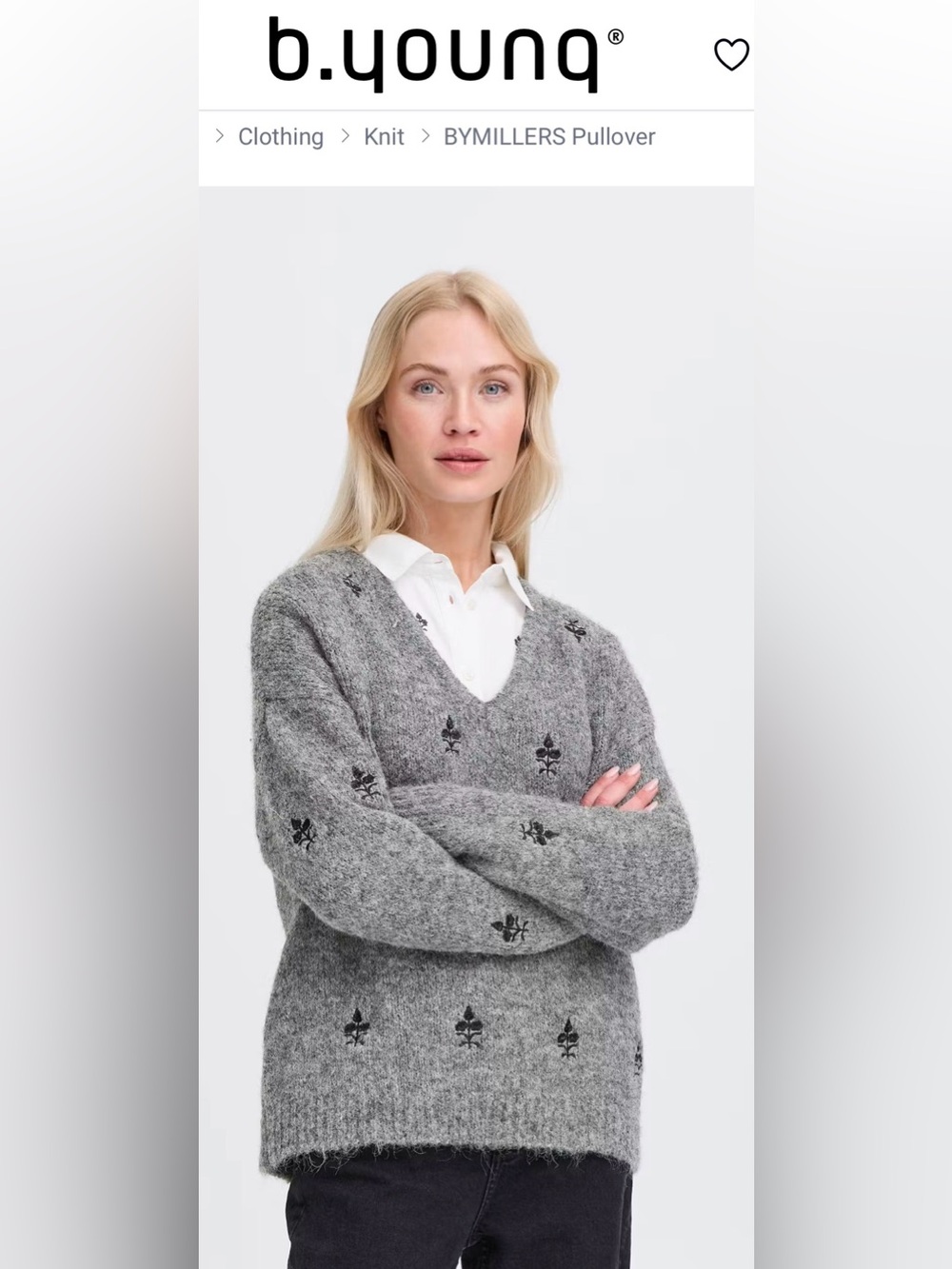 B. YOUBG 
BYMILLERS Pullover Grey V-Neck Embroidered Women's Sweater